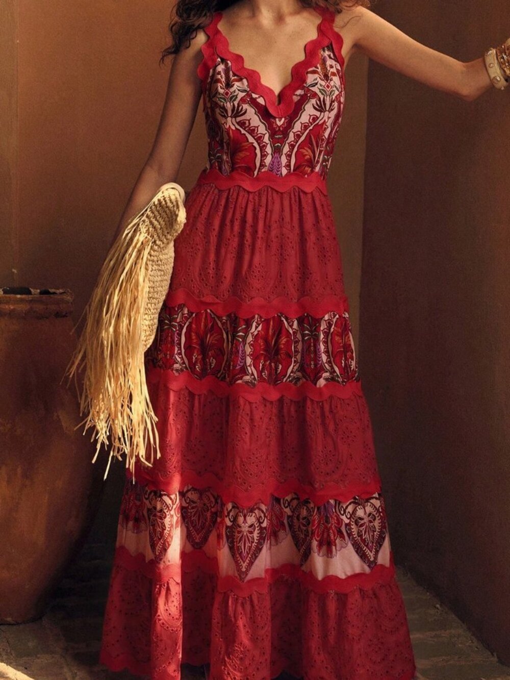 Fiery Red Boho Women's Embroidered Printed Vacation Dress